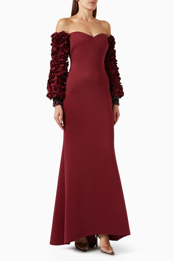 

Petal-sleeve Off-shoulder Gown in Scuba, Red