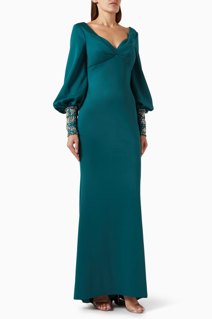 Beaded-cuffs Draped Gown in Scuba, Green