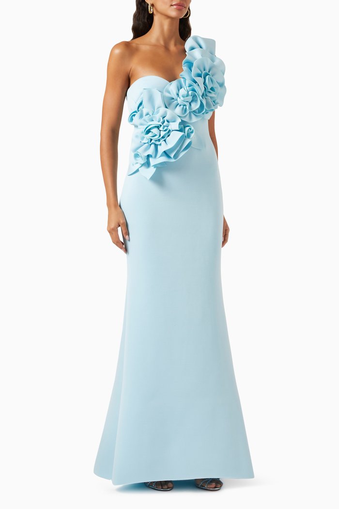 

3D Flower One-shoulder Mermaid Gown in Stretch-scuba, Blue