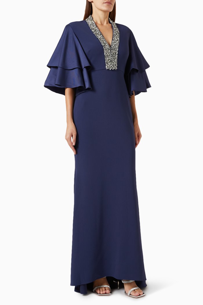 

Beaded Plunging V-neck Gown in Stretch-crepe, Blue