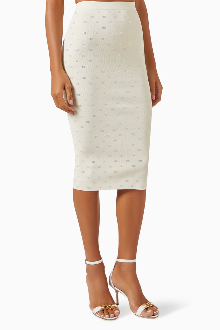 

Crystal-embellished Logo Midi Skirt in Viscose-knit, Neutral