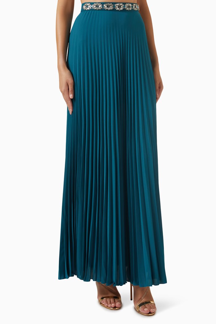 

Embellished Pleated Maxi Skirt in Georgette, Green