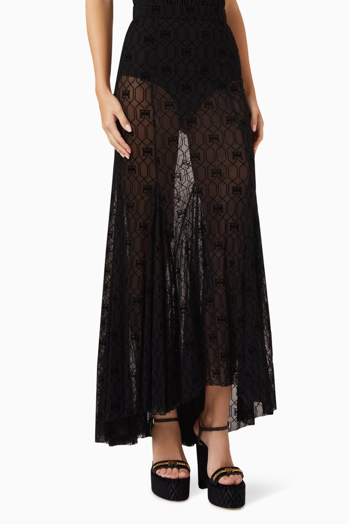 

Flocked Logo Maxi Skirt in Tulle, Black