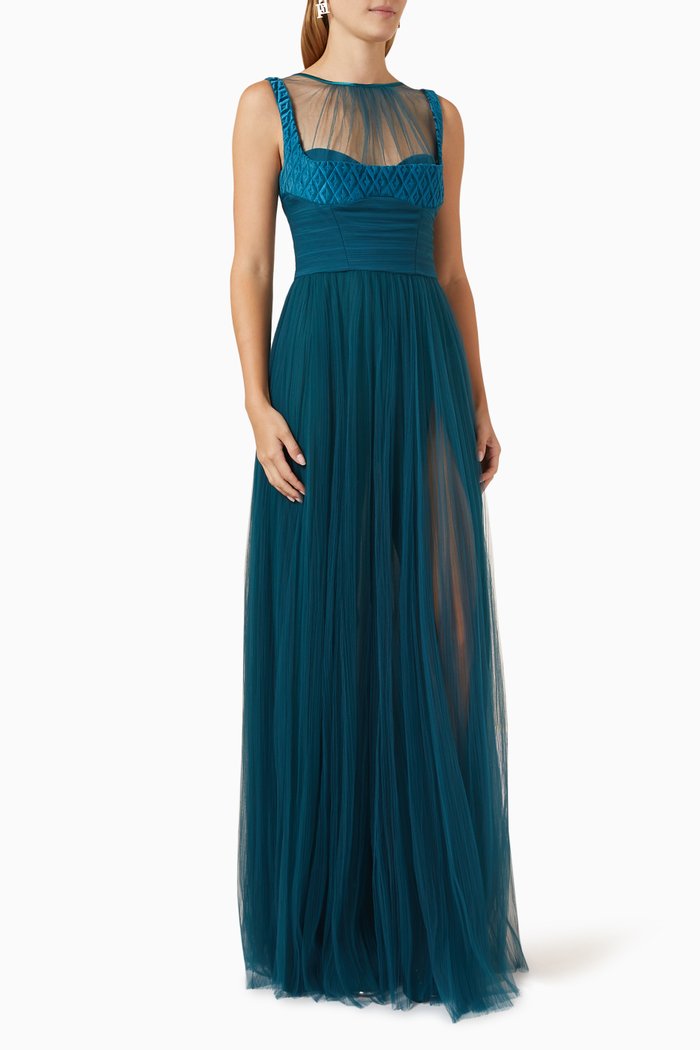 Red Carpet Maxi Dress in Pleated Tulle, Green