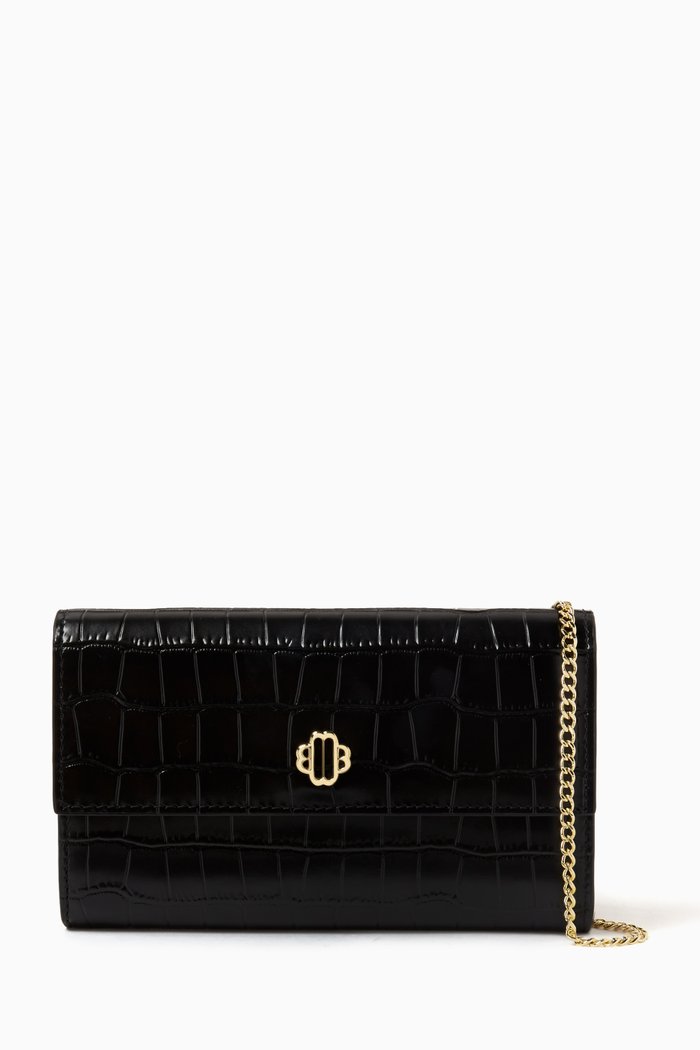 

Logo Wallet on Chain in Croc-embossed Leather, Black