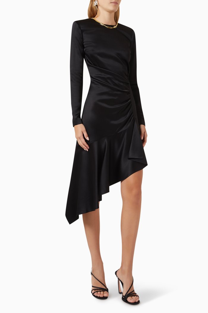 

Asymmetrical Midi Dress in Satin Crepe, Black