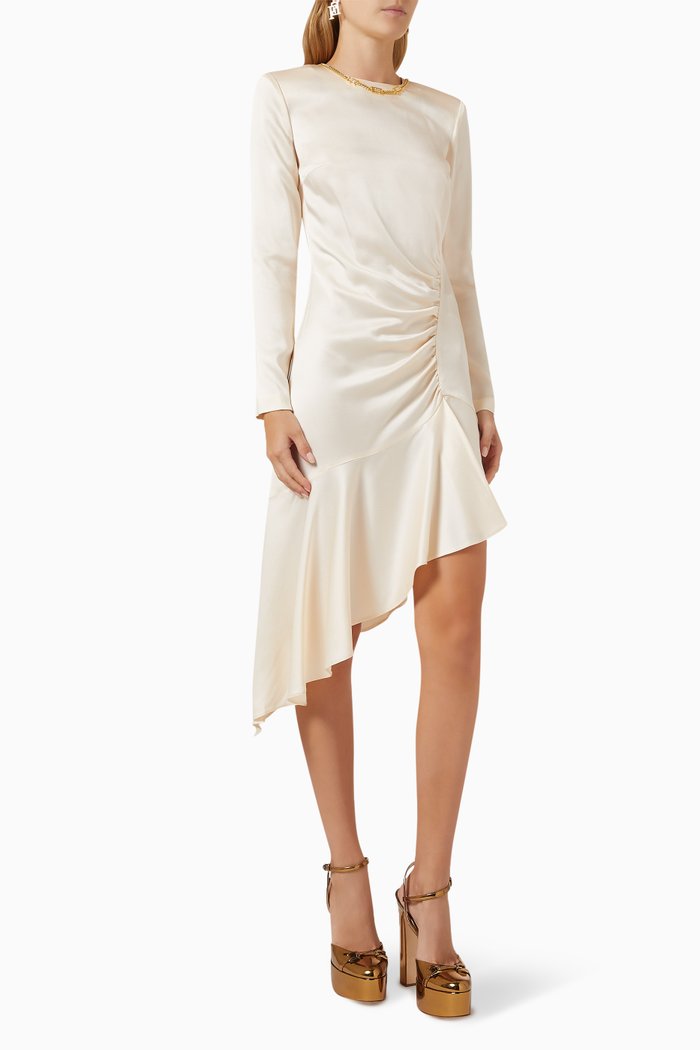 

Asymmetrical Midi Dress in Satin Crepe, Neutral