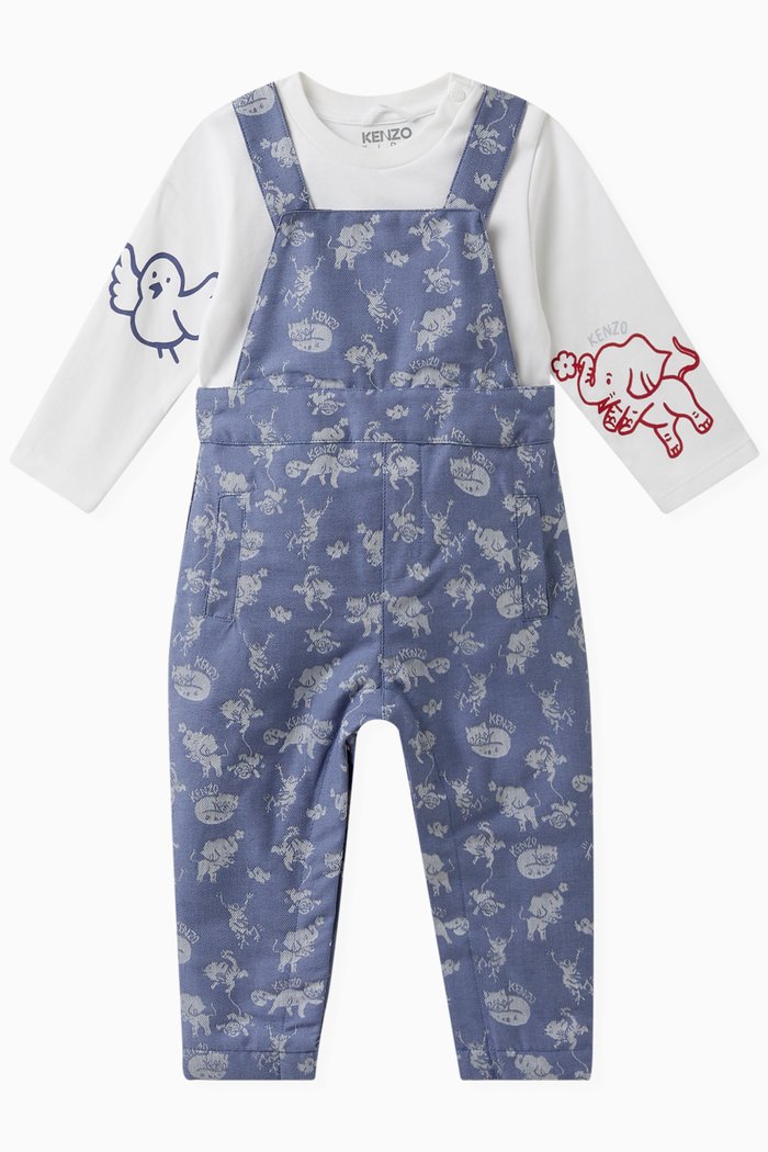 

Graphic Print Dungarees & T-shirt Set in Cotton, Blue