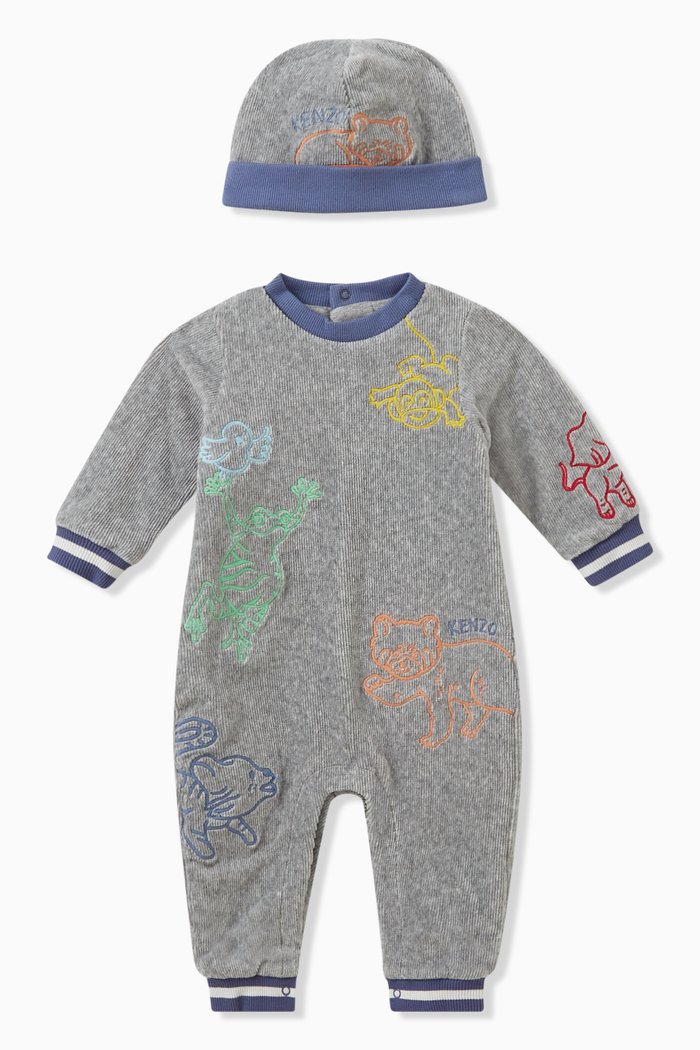 

Graphic-print Corduroy Romper & Hat Set in Cotton Blend, Grey