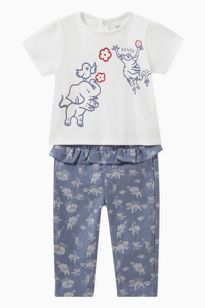 

Graphic Print T-shirt & Pants Set in Cotton, Blue