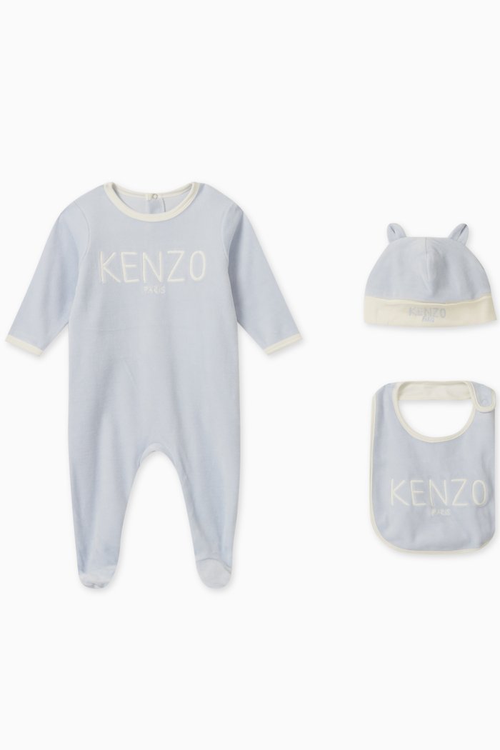 

Sleepsuit, Bib and Hat Set in Cotton, Blue