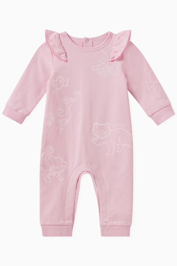 

Animal Print Romper in Stretch Organic Cotton Fleece, Pink