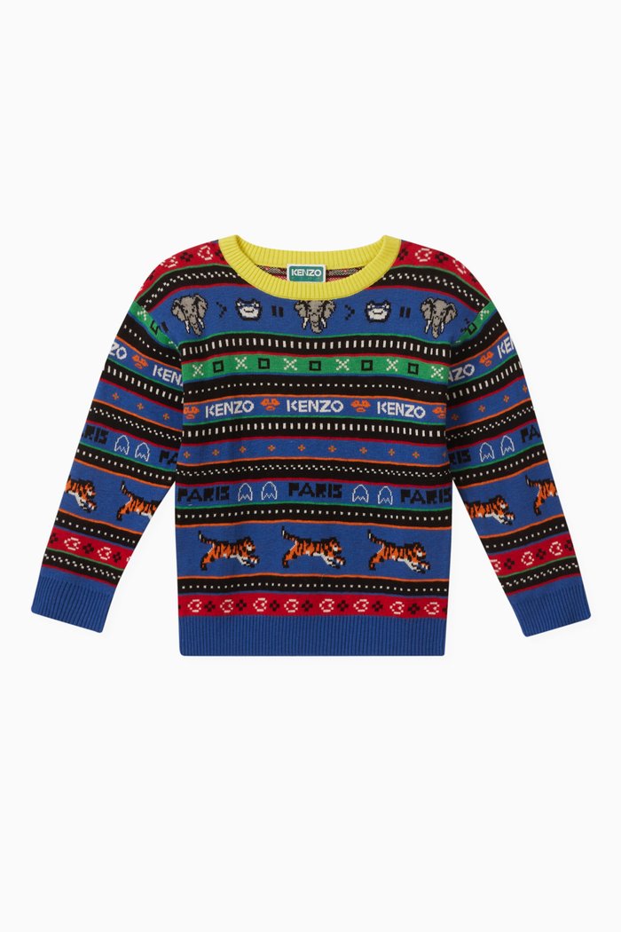 'Jungle Game' Sweater in Cotton-Blend, Blue