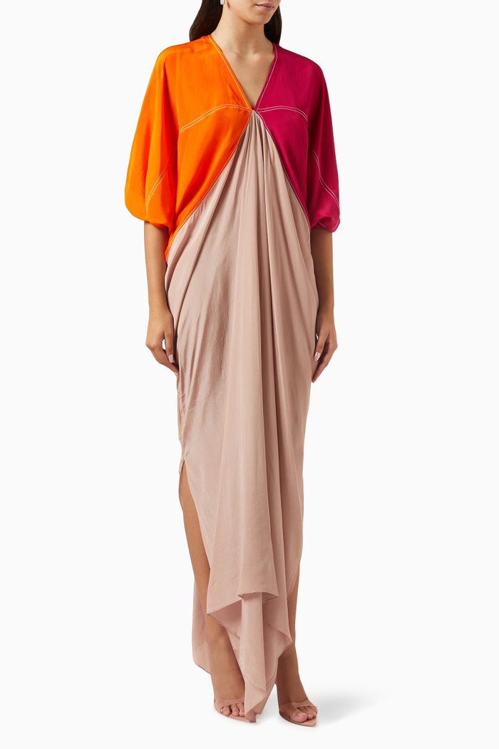 

Coral Colour-block Kaftan in Crepe, Multicolour