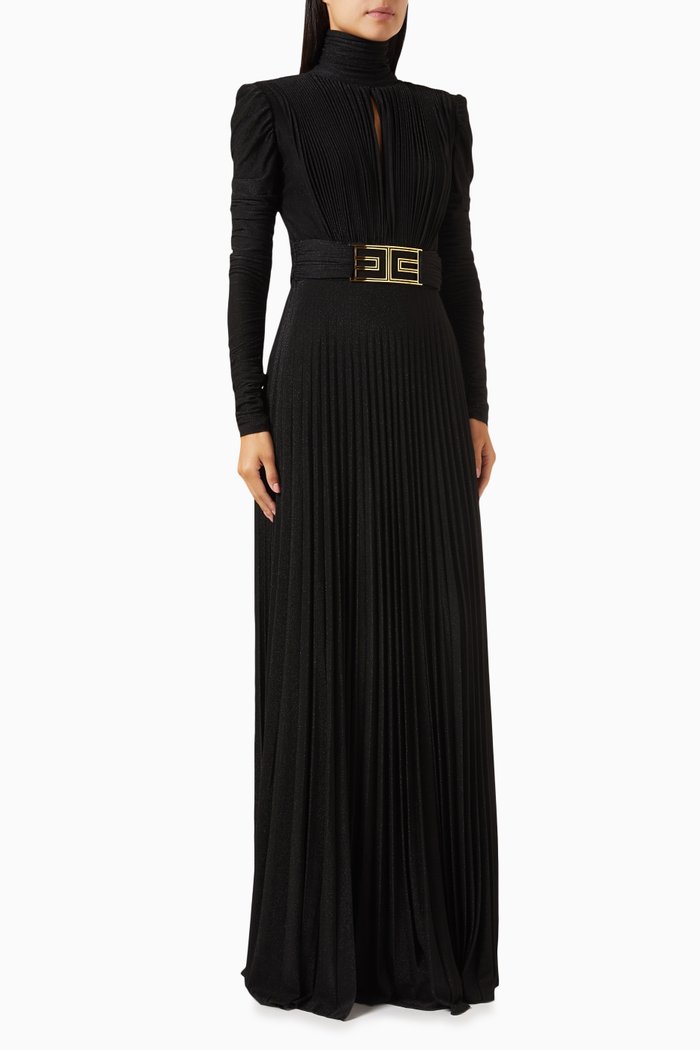 

Pleated High-neck Maxi Dress in Lurex, Black
