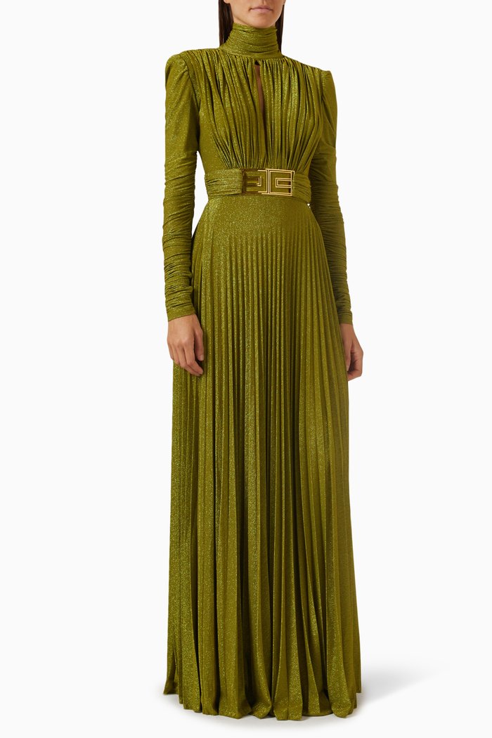 

Pleated High-neck Maxi Dress in Lurex, Green
