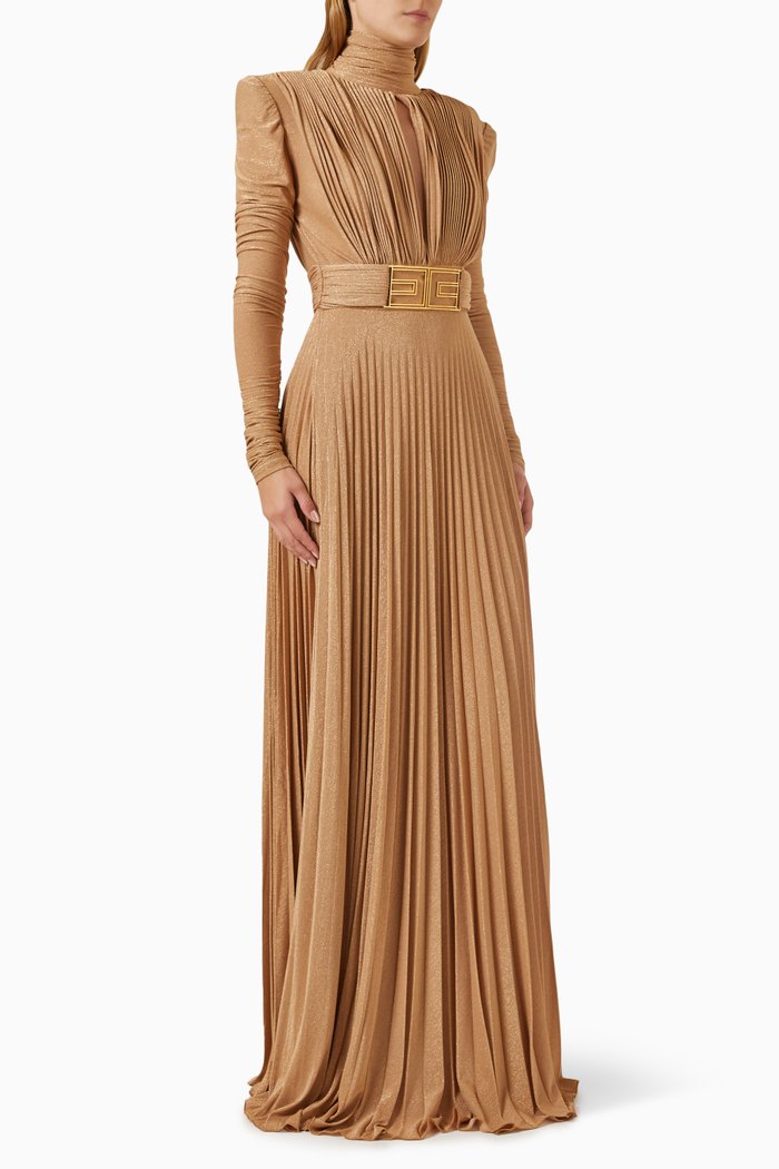 

Pleated High-neck Maxi Dress in Lurex, Brown