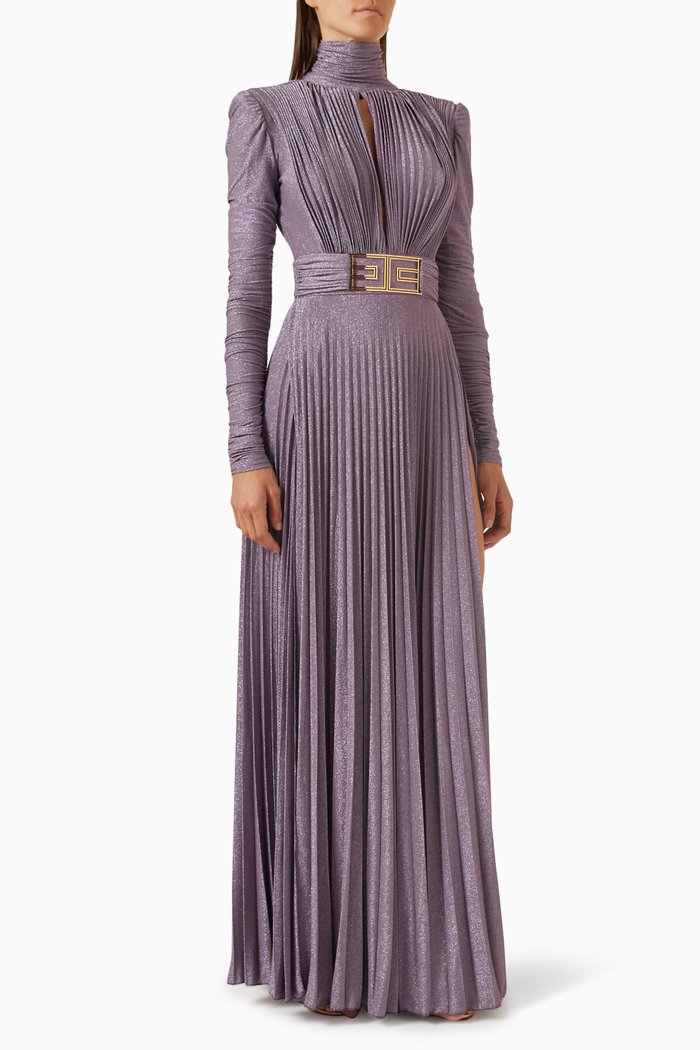 

Pleated High-neck Maxi Dress in Lurex, Purple