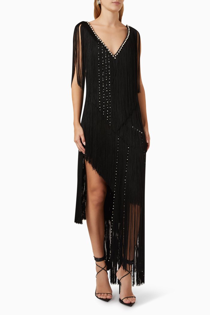

Embellished Fringe Midi Dress in Crepe, Black