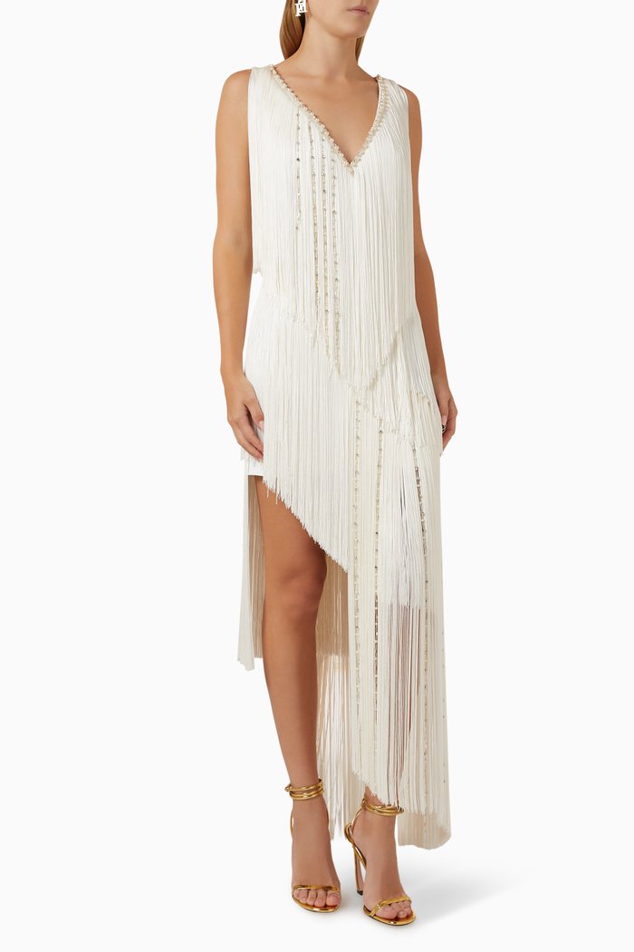 Embellished Fringe Midi Dress in Crepe, White