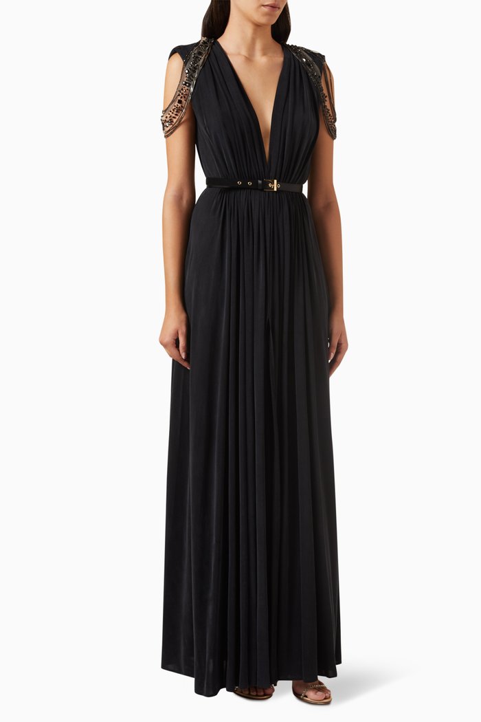 

Red Carpet Embellished Maxi Dress in Cupro-jersey, Black
