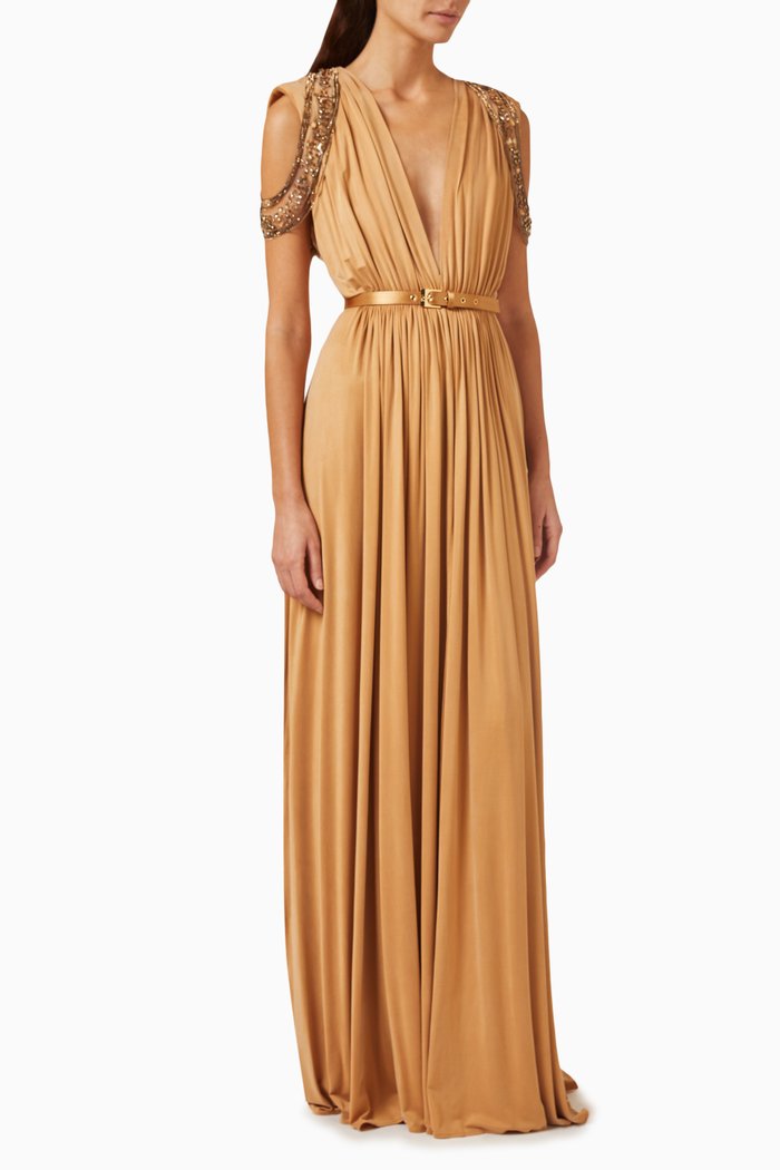 

Red Carpet Embellished Maxi Dress in Cupro-jersey, Brown