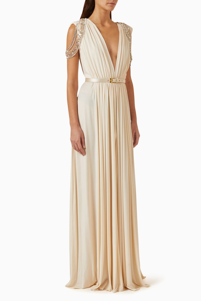 

Red Carpet Embellished Maxi Dress in Cupro-jersey, Neutral
