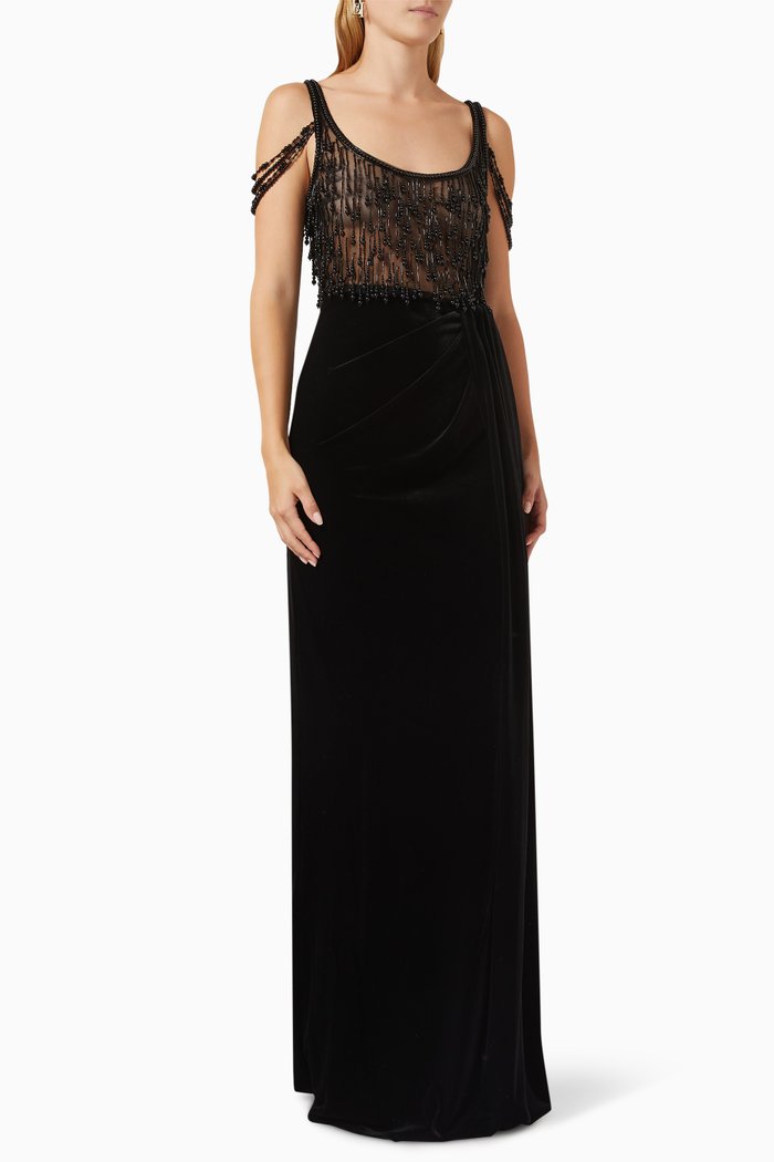 

Embellished Bodice Maxi Dress in Tulle & Velvet, Black