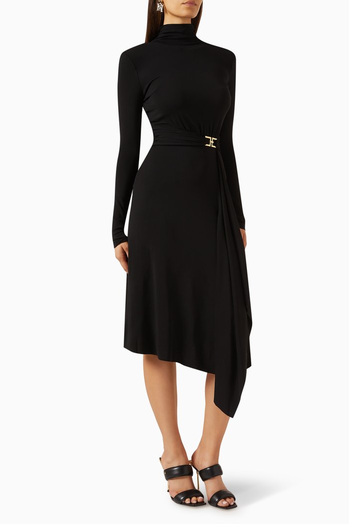 

Asymmetric Midi Dress in Jersey, Black