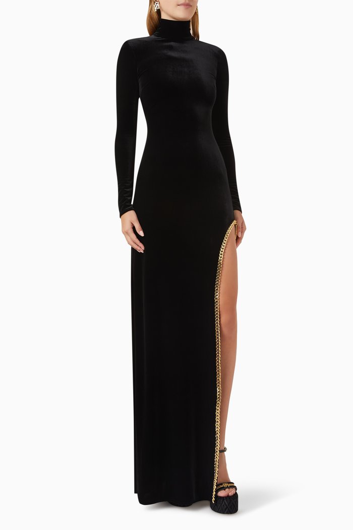 

Chain Turtleneck Maxi Dress in Velvet, Black