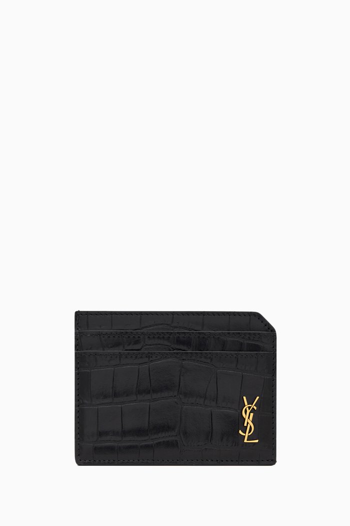 

Tiny Cassandre Card Case in Matte Croc-embossed Leather, Black