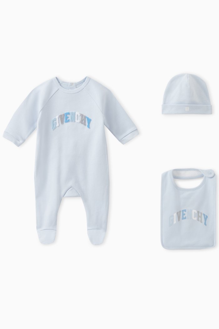 Hat, Bib and Sleepsuit Set in Cotton, Blue