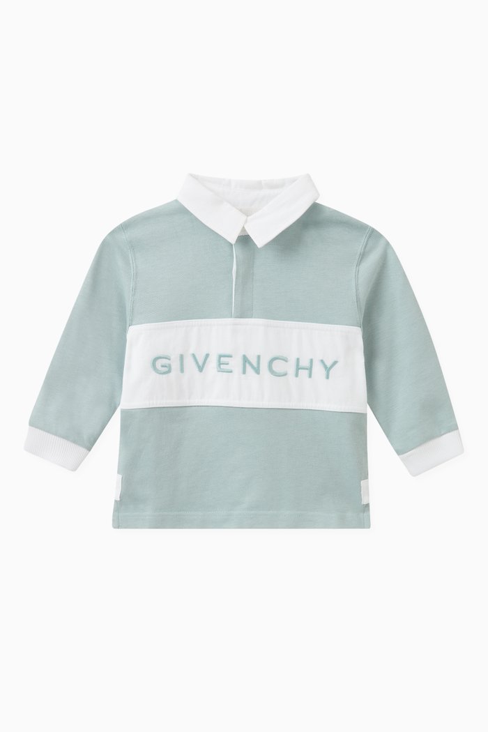 Logo Long Sleeved Polo Shirt in Cotton, Blue