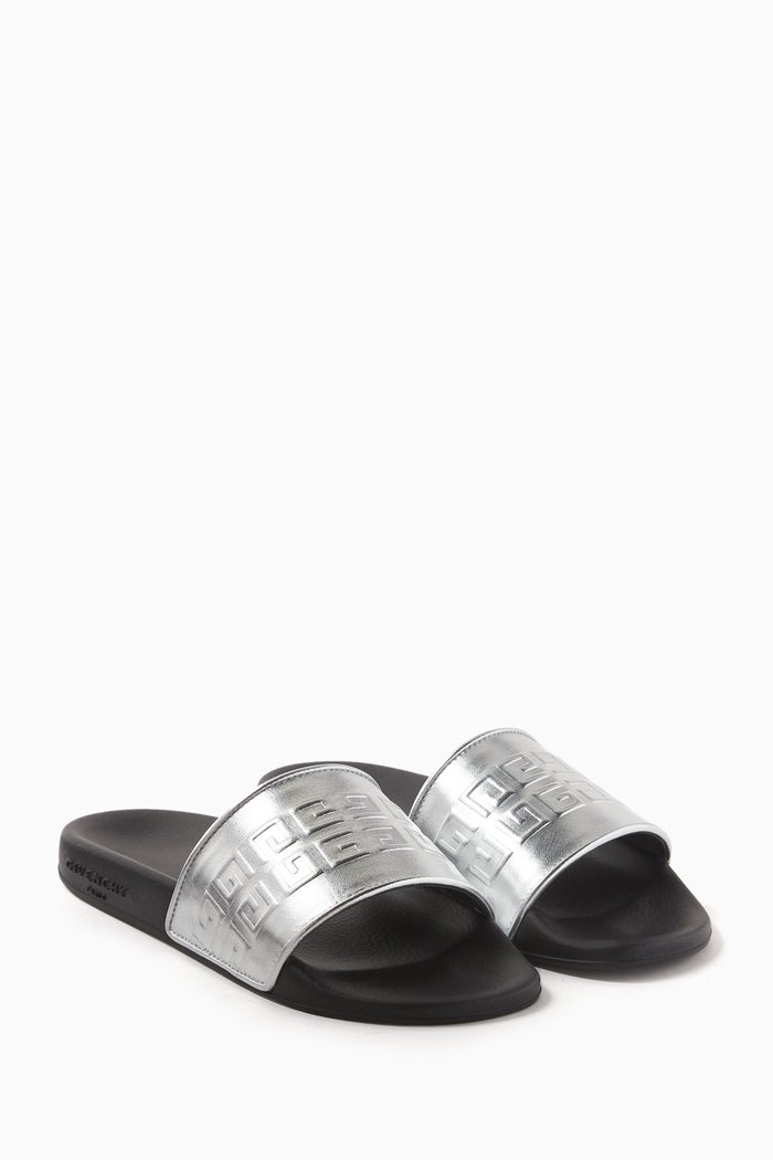 

Logo-embossed Metallic Slides in Sheepskin, Grey