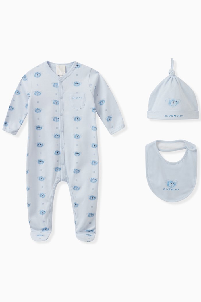 

Hat, Bib and Sleepsuit Set in Cotton, Blue