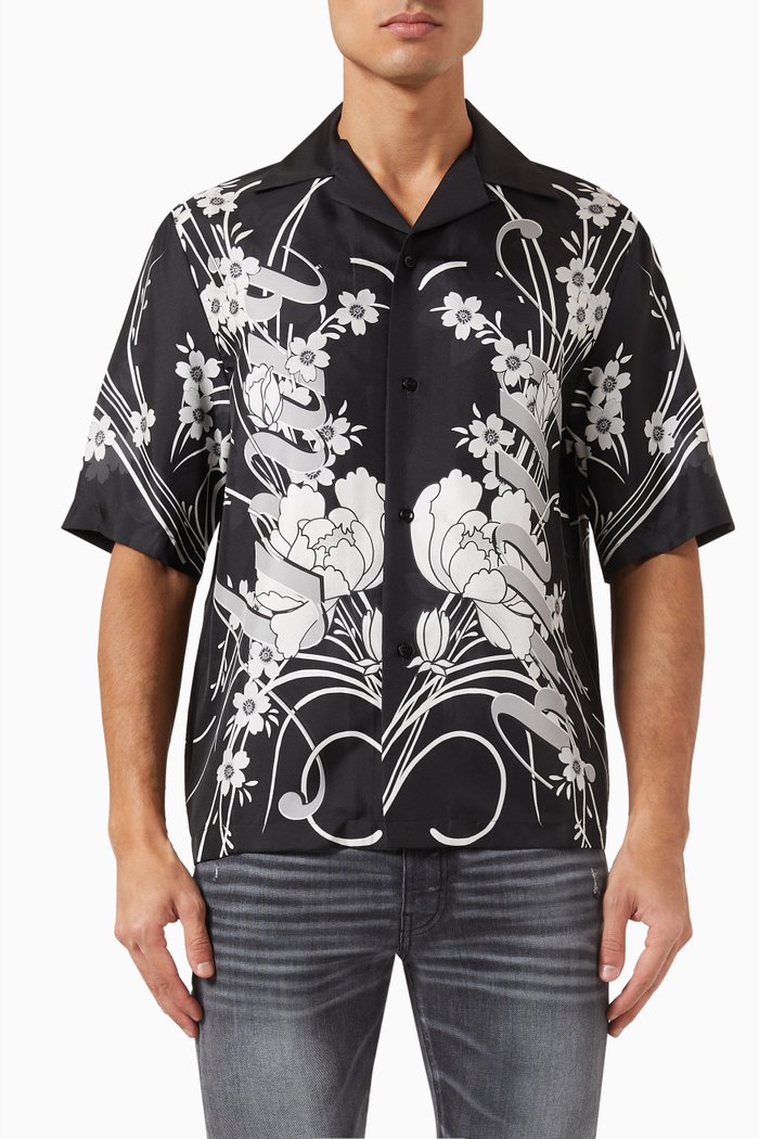 

Floral Print Bowling Shirt in Silk, Black