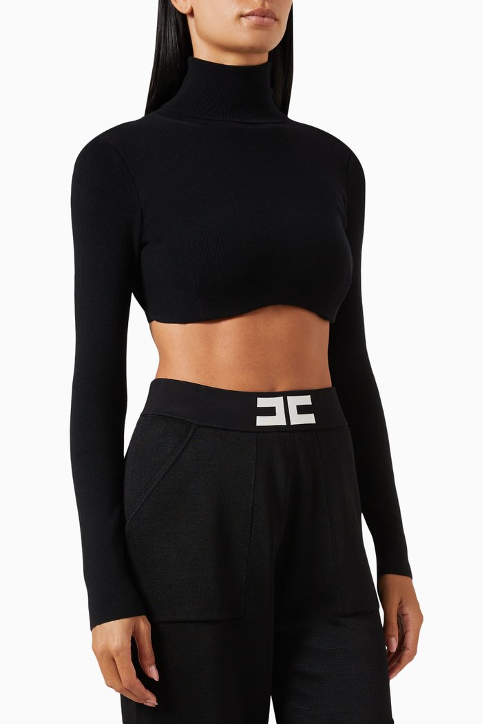 

Roll-neck Crop Top in Wool, Black