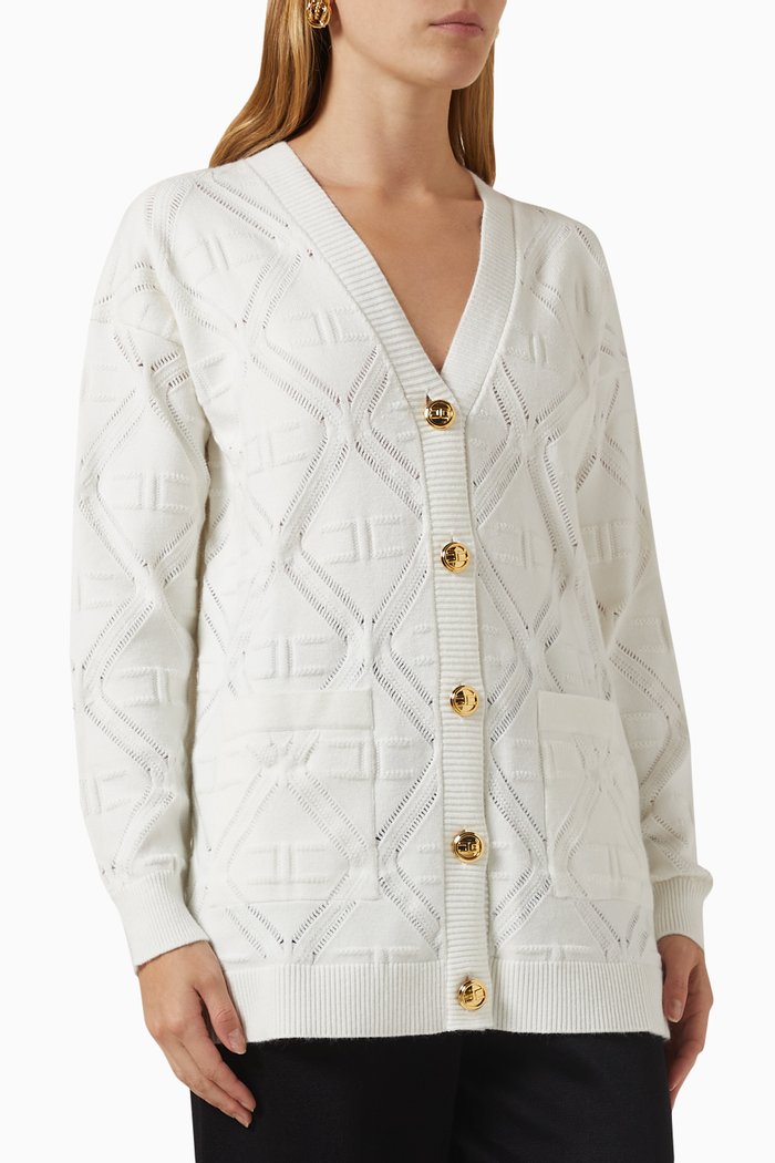 

Oversized Lace-stitch Cardigan in Viscose-blend Knit, White