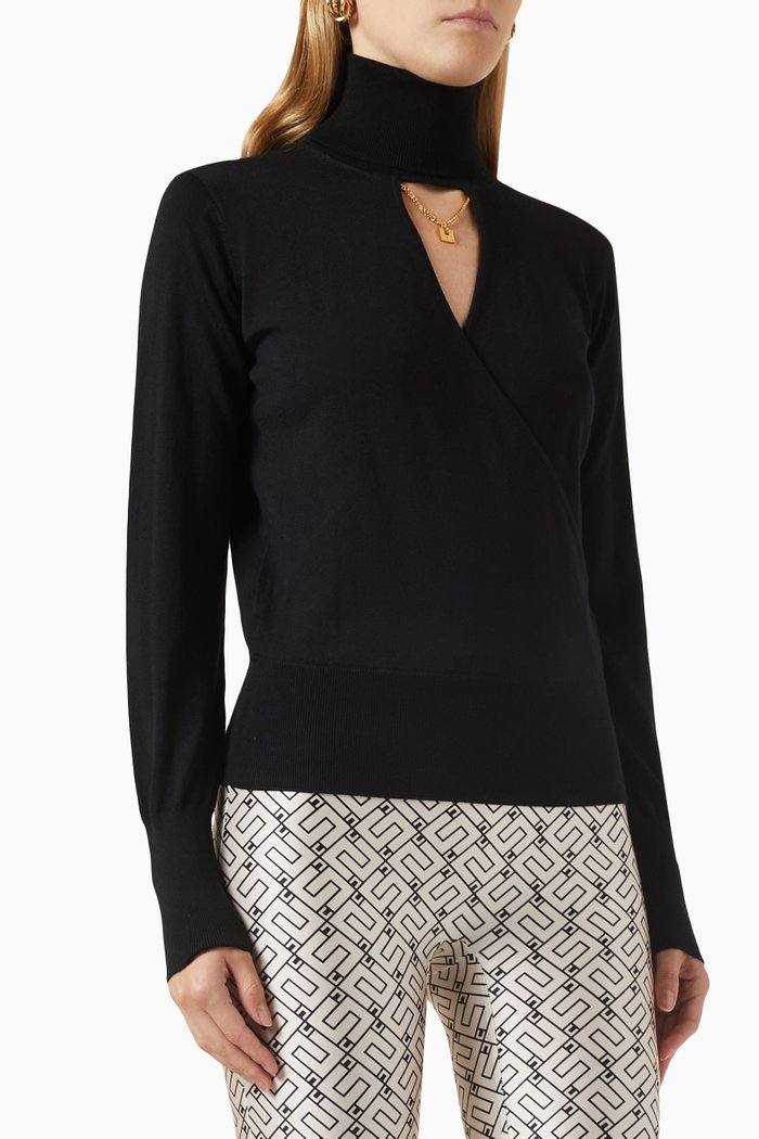 

Turtleneck Cut-out Sweater in Wool-knit, Black