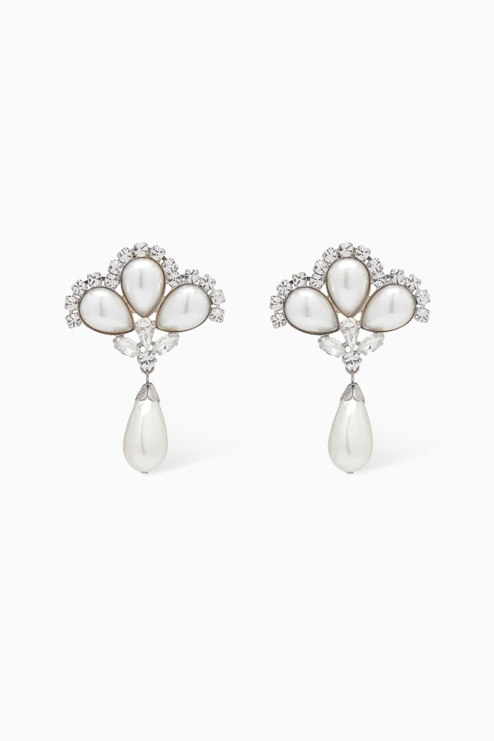 Pearl Earrings with Pendant in Brass, Silver