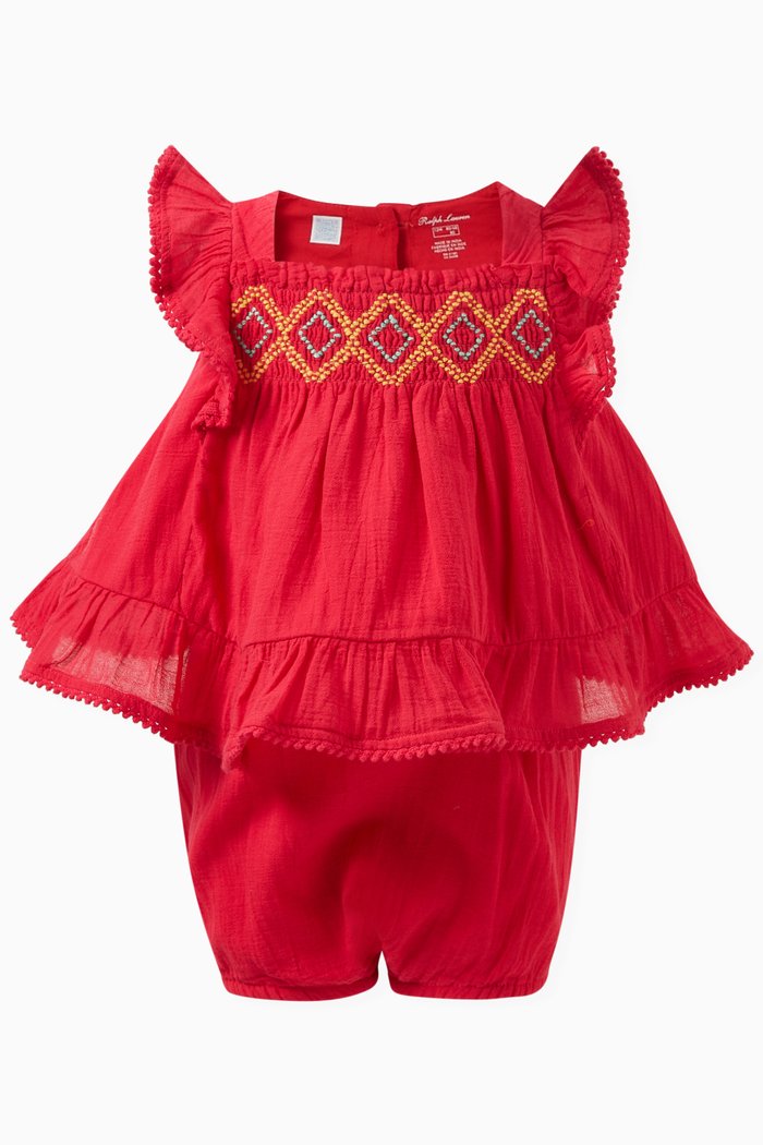 

Crochet-trim Smocked Top Set in Cotton Gauze, Pink
