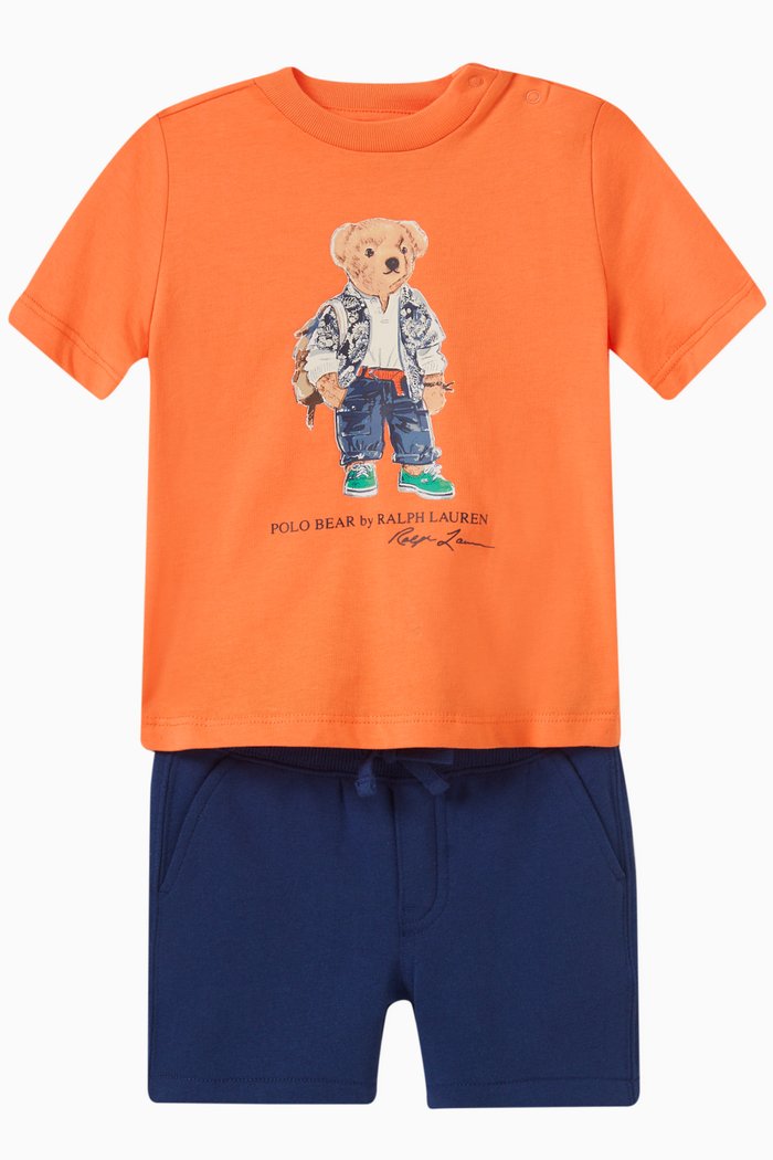 

Bear Logo-Print T-shirt and Shorts Set in Cotton, Orange