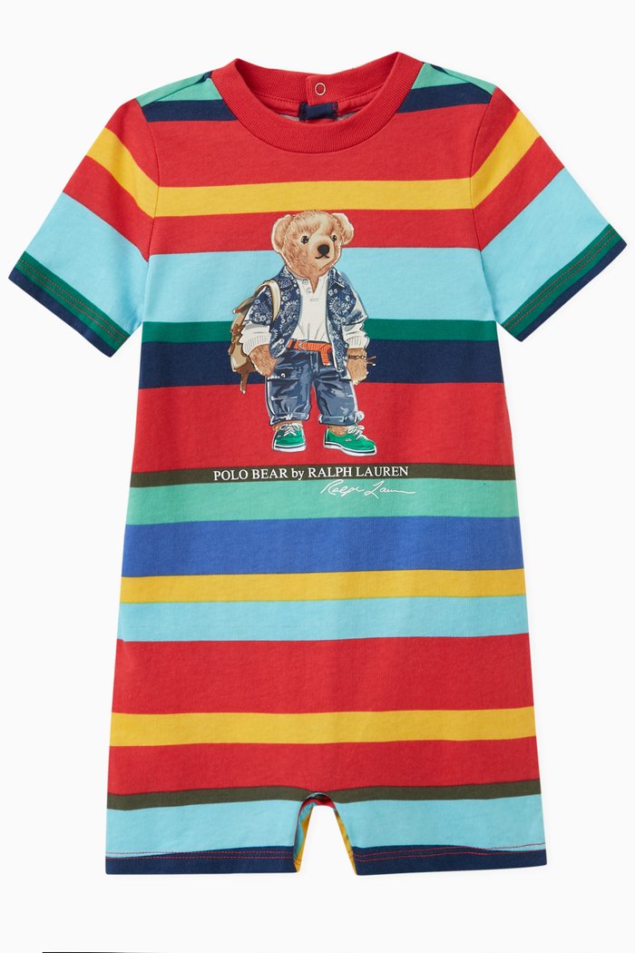 

Striped Polo Bear Romper in Cotton, Multicolour