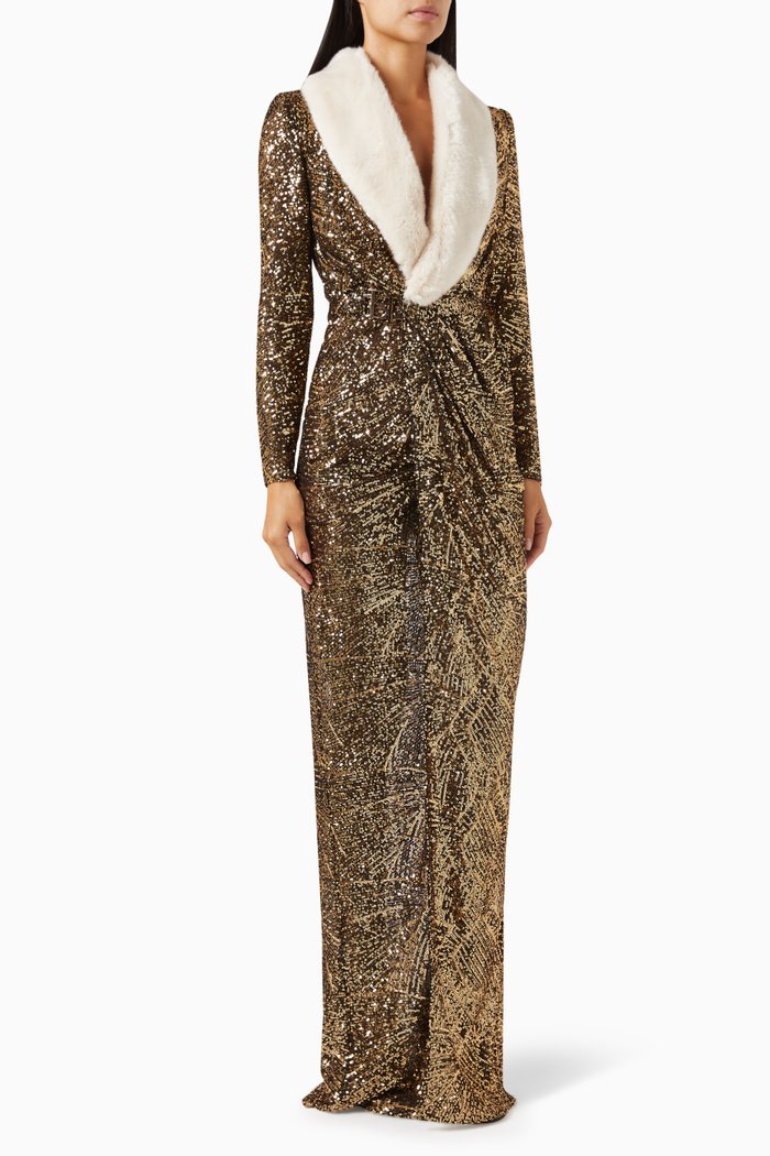 

Faux-fur Collar Sequin-embellished Dress, Black