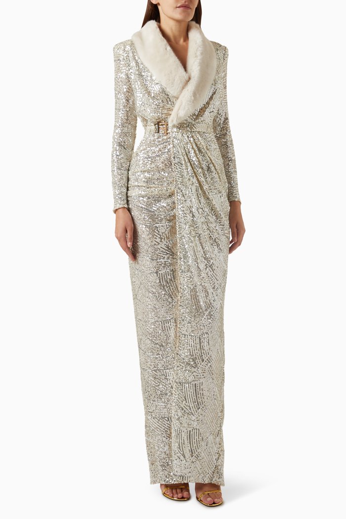 

Faux-fur Collar Sequin-embellished Dress, Silver