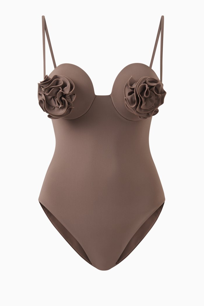 

Flower Bustier One-piece Swimsuit, Brown