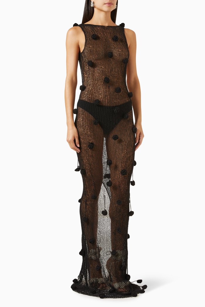 

3D Floral-embellished Sheer Crochet Maxi Dress, Black