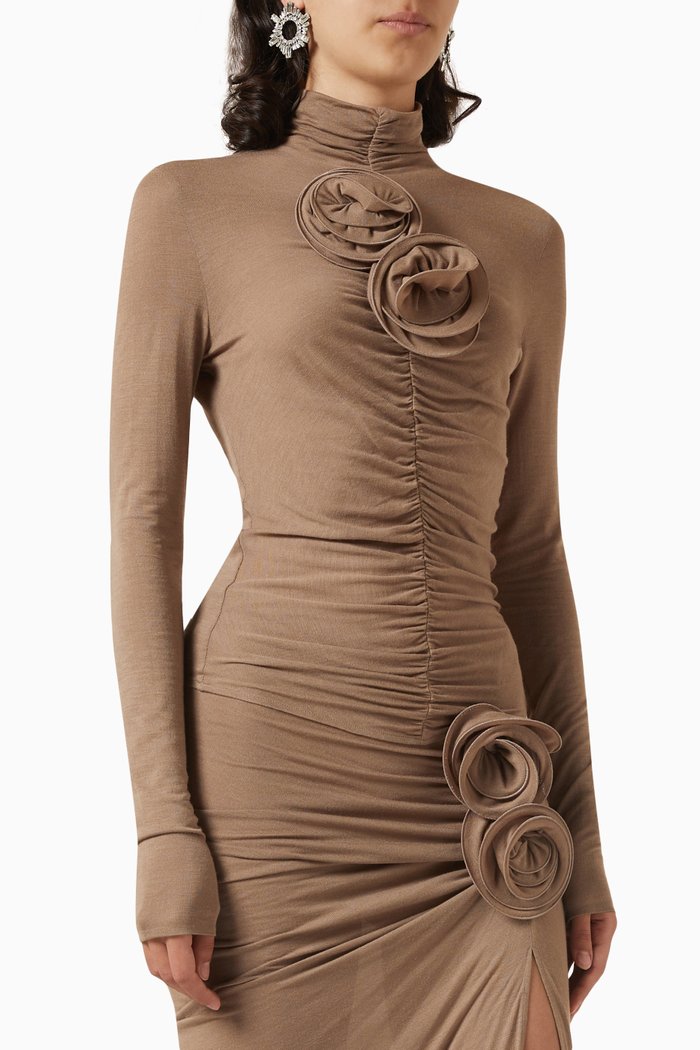 

Ruched Floral Appliqué Turtleneck Top in Jersey, Neutral