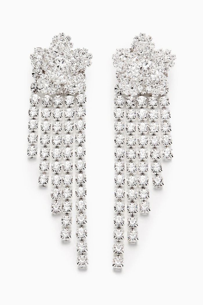 

Cascading Crystal Flower Earrings in Plated Brass, Silver