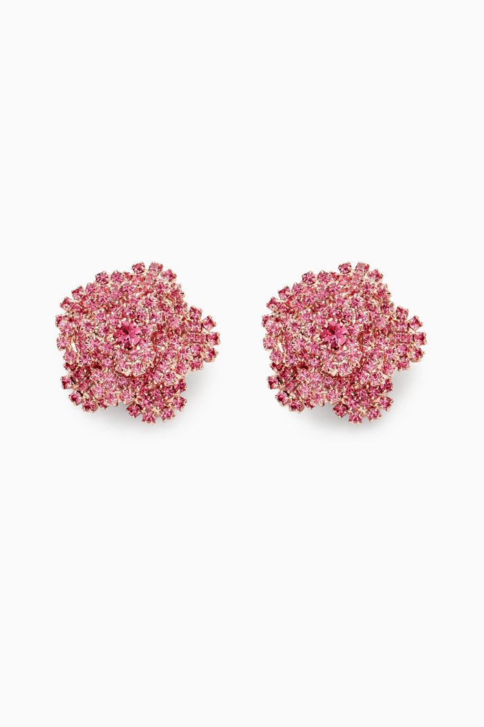 Crystal Flower Earrings in Plated Brass, Pink